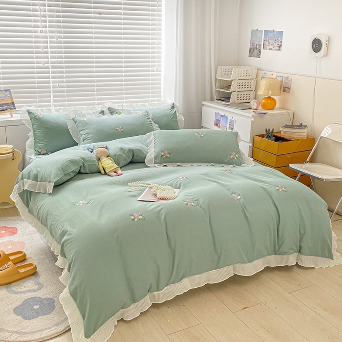 91家纺网 家纺一手货源 找家纺 琪格格 2022新款仙女款刺绣蕾丝水洗棉四件套 小花-抹茶绿