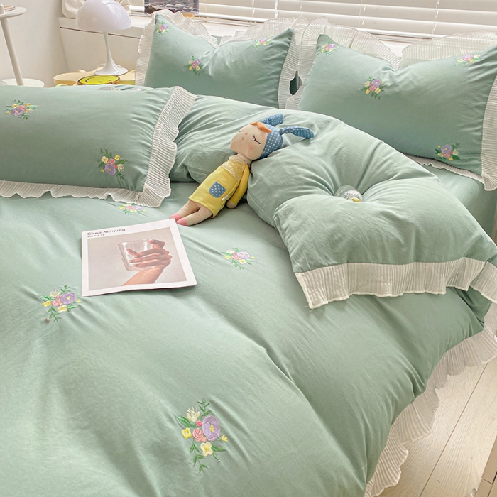 91家纺网 家纺一手货源 找家纺 琪格格 2022新款仙女款刺绣蕾丝水洗棉四件套 小花-抹茶绿