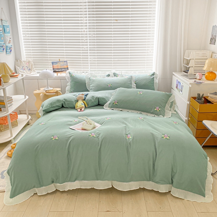 91家纺网 家纺一手货源 找家纺 琪格格 2022新款仙女款刺绣蕾丝水洗棉四件套 小花-抹茶绿