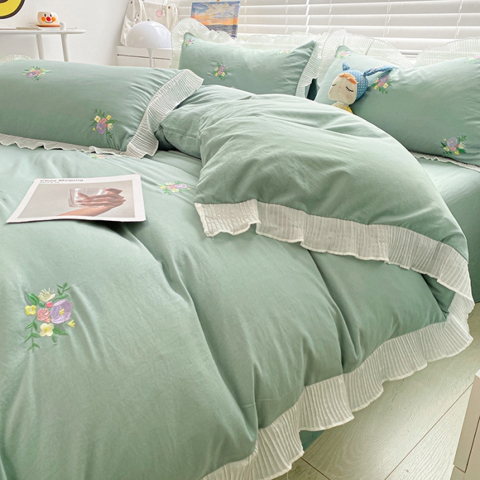 91家纺网 家纺一手货源 找家纺 琪格格 2022新款仙女款刺绣蕾丝水洗棉四件套 小花-抹茶绿