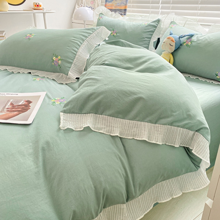 91家纺网 家纺一手货源 找家纺 琪格格 2022新款仙女款刺绣蕾丝水洗棉四件套 小花-抹茶绿