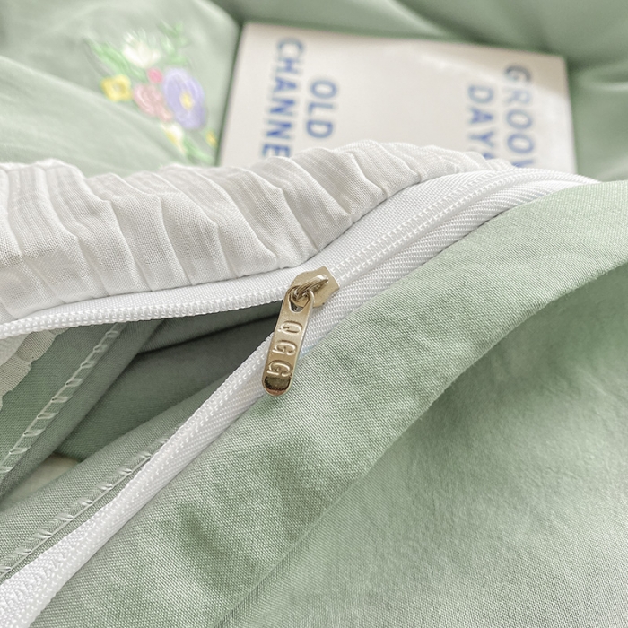 91家纺网 家纺一手货源 找家纺 琪格格 2022新款仙女款刺绣蕾丝水洗棉四件套 小花-抹茶绿