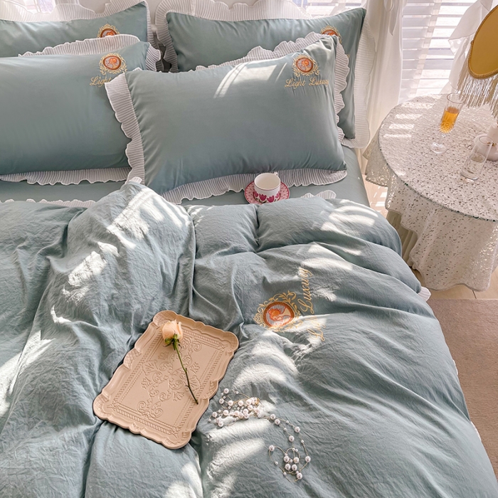 91家纺网 家纺一手货源 找家纺 琪格格 2022新款仙女款刺绣蕾丝水洗棉四件套 美人-抹茶绿