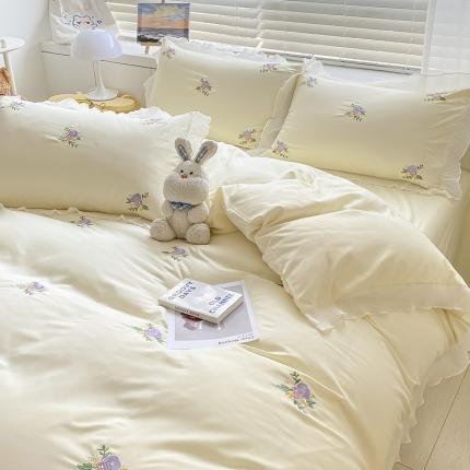 91家纺网 家纺一手货源 找家纺 琪格格 2022新款仙女款刺绣蕾丝水洗棉四件套 小花-米色