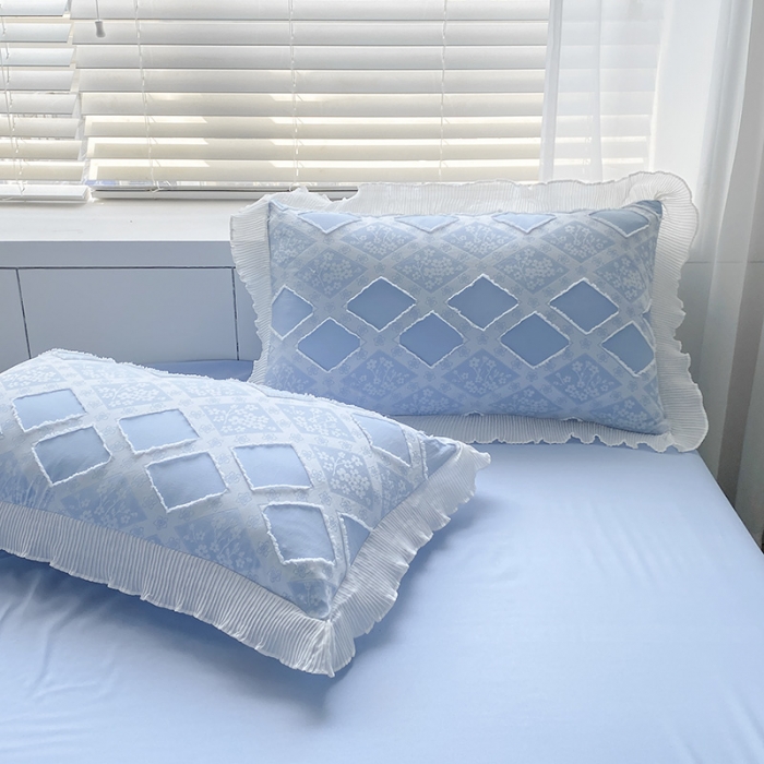 91家纺网 家纺一手货源 找家纺 琪格格 2022新款色织水洗提花剪花四件套 倾国-蓝