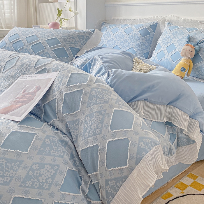 91家纺网 家纺一手货源 找家纺 琪格格 2022新款色织水洗提花剪花四件套 倾国-蓝