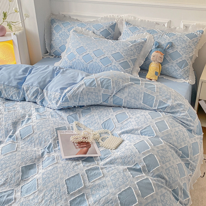 91家纺网 家纺一手货源 找家纺 琪格格 2022新款色织水洗提花剪花四件套 倾国-蓝