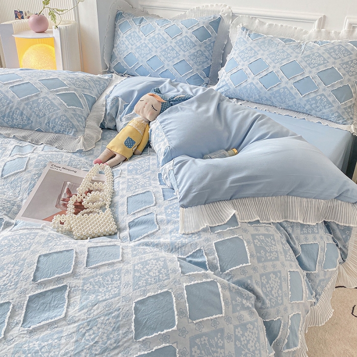 91家纺网 家纺一手货源 找家纺 琪格格 2022新款色织水洗提花剪花四件套 倾国-蓝