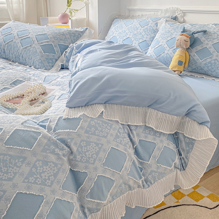 91家纺网 家纺一手货源 找家纺 琪格格 2022新款色织水洗提花剪花四件套 倾国-蓝