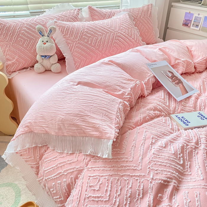 91家纺网 家纺一手货源 找家纺 琪格格 2022新款色织水洗提花剪花四件套 月眠