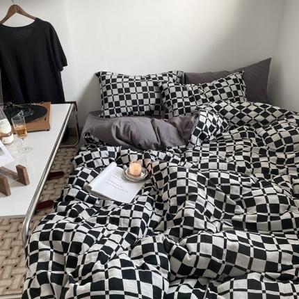 91家纺网 家纺一手货源 找家纺 (总)恋恋三季 2024新双层纱提花棋盘格四件套-苏黎世黑格