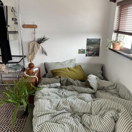 91家纺网 家纺一手货源 找家纺 (总)恋恋三季 2022新草叶纹提花条纹四件套-佛罗伦萨-绿