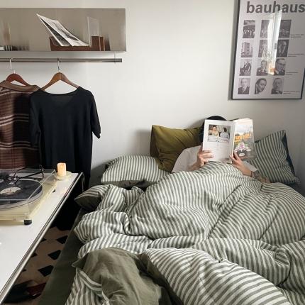 91家纺网 家纺一手货源 找家纺 恋恋三季 2024新草叶纹提花条纹四件套-佛罗伦萨-绿