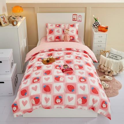 91家纺网 家纺一手货源 找家纺 金丝鸟 2022新款全棉斜纹13370三件套 草莓牛奶