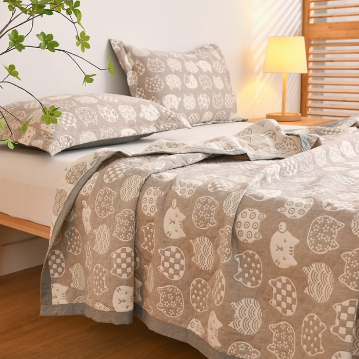 91家纺网 家纺一手货源 找家纺 安莱生活 2022新款全棉双层纱多功能夏被 猫咪之家