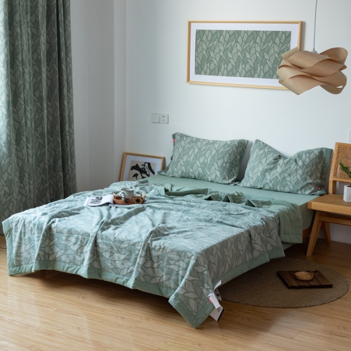 91家纺网 家纺一手货源 找家纺 安莱生活 2022新款全棉双层纱色织大提花夏被落叶缤纷-草绿