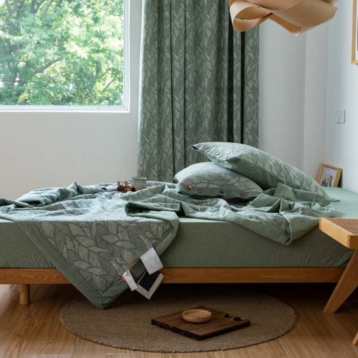 91家纺网 家纺一手货源 找家纺 安莱生活 2022新款全棉双层纱色织大提花夏被落叶缤纷-草绿