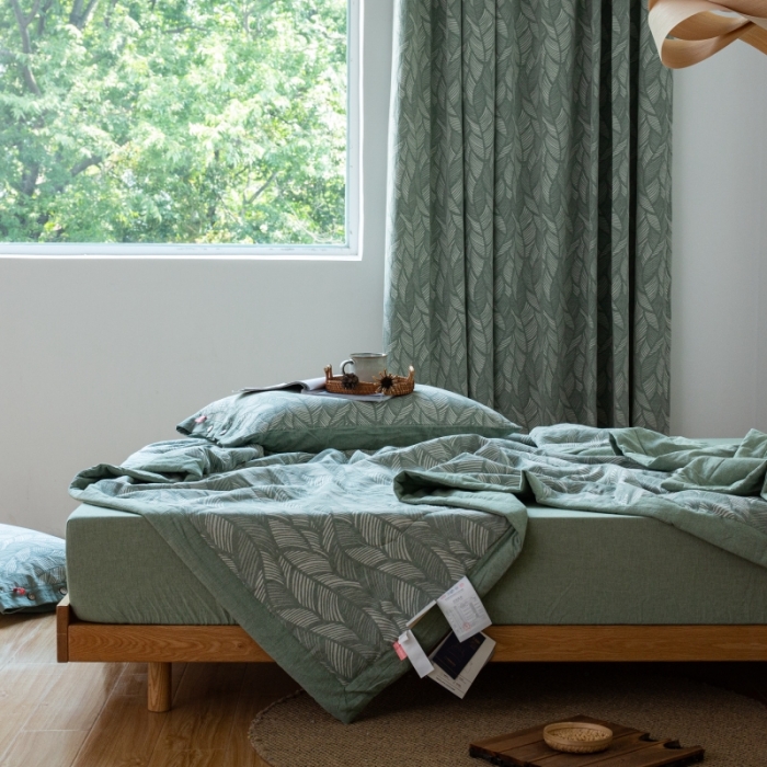 91家纺网 家纺一手货源 找家纺 安莱生活 2022新款全棉双层纱色织大提花夏被落叶缤纷-草绿