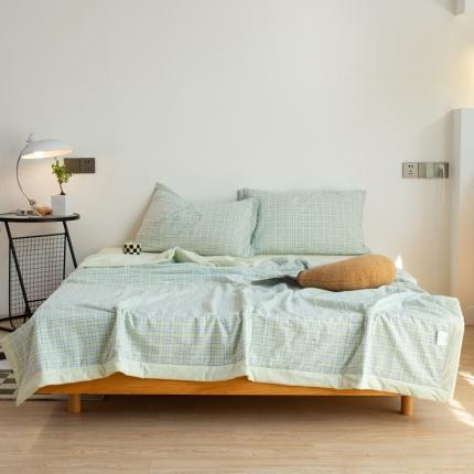 91家纺网 家纺一手货源 找家纺 安莱生活 2022新款水洗棉初恋格夏被夏被四件套 初恋嫩绿