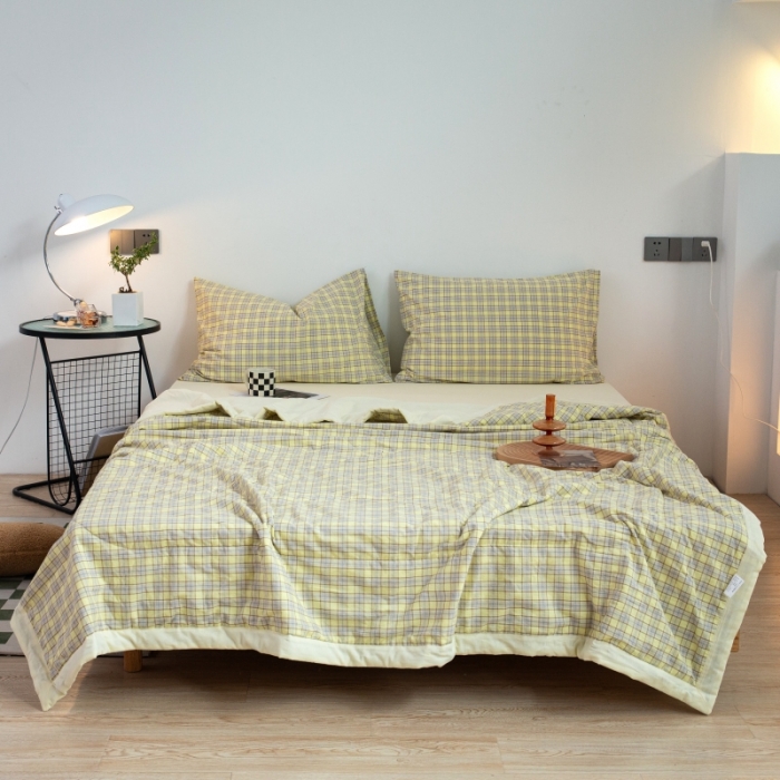 91家纺网 家纺一手货源 找家纺 安莱生活 2022新款水洗棉初恋格夏被夏被四件套 初恋奶黄