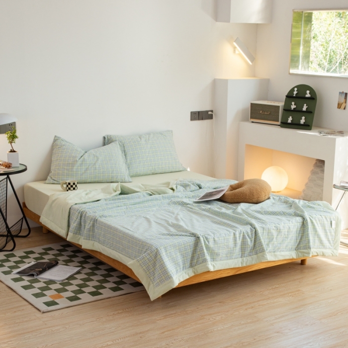 91家纺网 家纺一手货源 找家纺 安莱生活 2022新款水洗棉初恋格夏被夏被四件套 初恋嫩绿