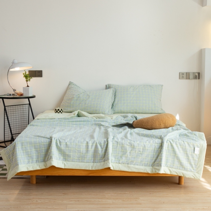 91家纺网 家纺一手货源 找家纺 安莱生活 2022新款水洗棉初恋格夏被夏被四件套 初恋嫩绿