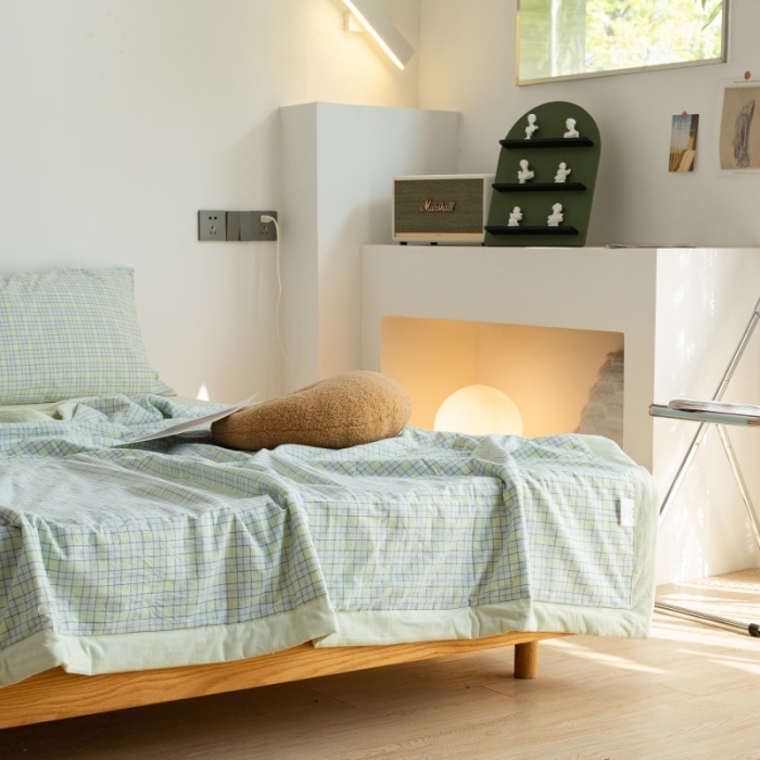 91家纺网 家纺一手货源 找家纺 安莱生活 2022新款水洗棉初恋格夏被夏被四件套 初恋嫩绿