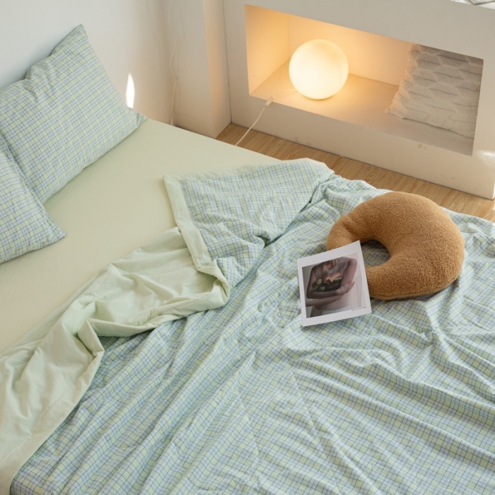 91家纺网 家纺一手货源 找家纺 安莱生活 2022新款水洗棉初恋格夏被夏被四件套 初恋嫩绿