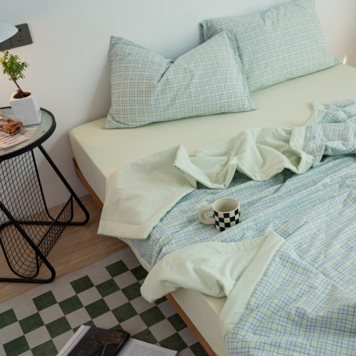 91家纺网 家纺一手货源 找家纺 安莱生活 2022新款水洗棉初恋格夏被夏被四件套 初恋嫩绿