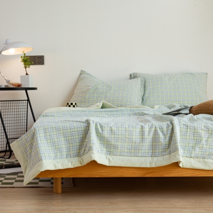 91家纺网 家纺一手货源 找家纺 安莱生活 2022新款水洗棉初恋格夏被夏被四件套 初恋嫩绿