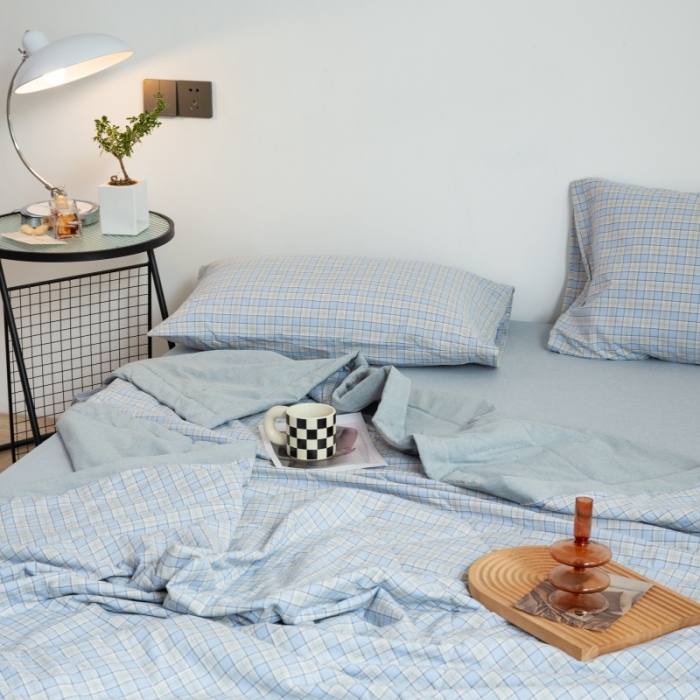 91家纺网 家纺一手货源 找家纺 安莱生活 2022新款水洗棉初恋格夏被夏被四件套 初恋浅蓝