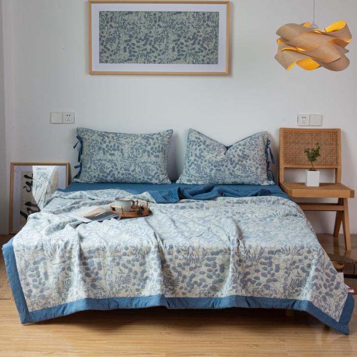 91家纺网 家纺一手货源 找家纺 安莱生活 2022新款全棉双层纱色织大提花夏被 栀子花-深蓝