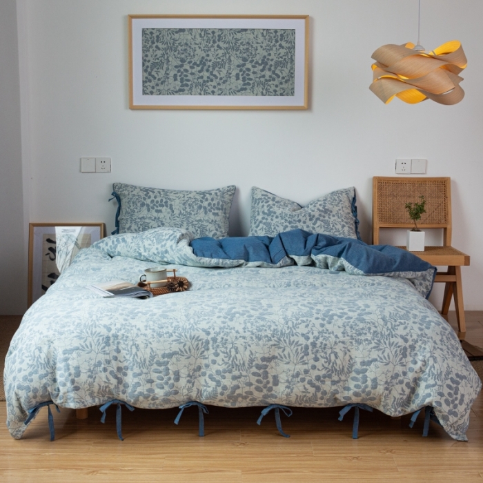 91家纺网 家纺一手货源 找家纺 （总）2022高端双层纱栀子花色织大提花蝴蝶结工艺款四件套