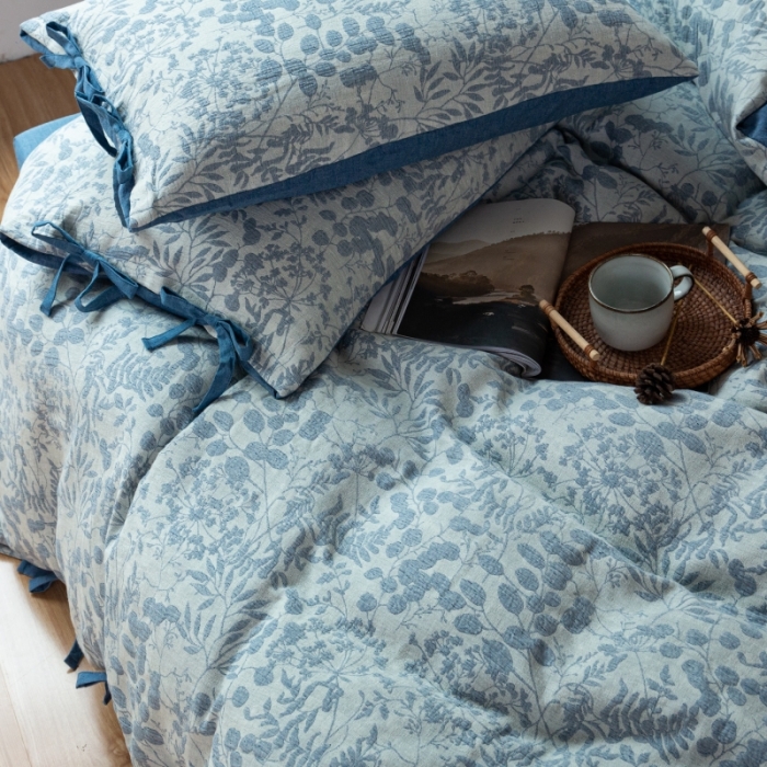 91家纺网 家纺一手货源 找家纺 （总）2022高端双层纱栀子花色织大提花蝴蝶结工艺款四件套