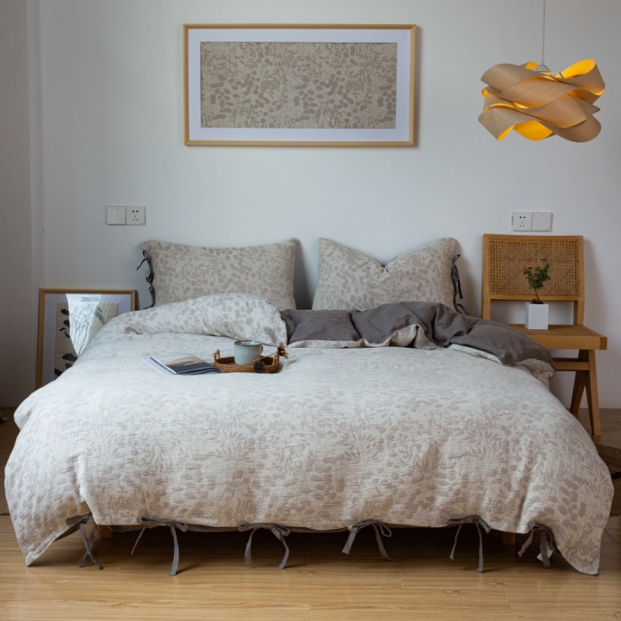 91家纺网 家纺一手货源 找家纺 2022高端双层纱栀子花色织大提花蝴蝶结工艺款四件套 栀子花-浅灰