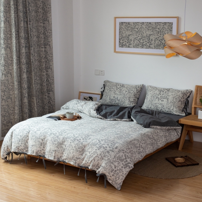 91家纺网 家纺一手货源 找家纺 2022高端双层纱栀子花色织大提花蝴蝶结工艺款四件套 栀子花-深灰