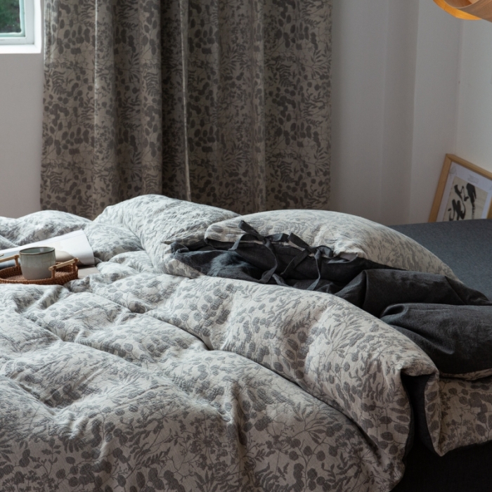 91家纺网 家纺一手货源 找家纺 2022高端双层纱栀子花色织大提花蝴蝶结工艺款四件套 栀子花-深灰