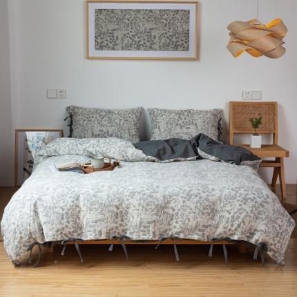 2022高端双层纱栀子花色织大提花蝴蝶结工艺款四件套 栀子花-深灰