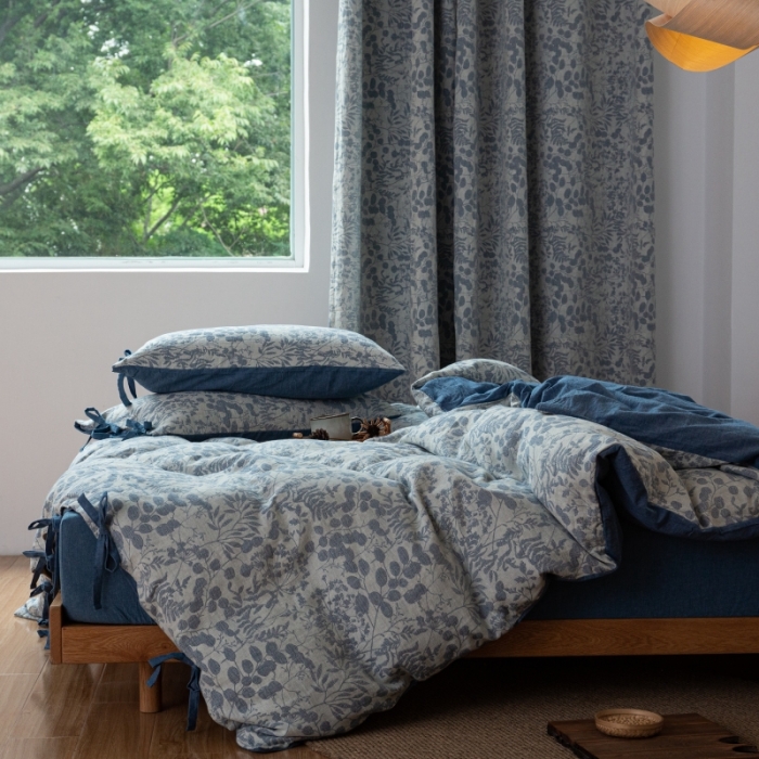 91家纺网 家纺一手货源 找家纺 2022高端双层纱栀子花色织大提花蝴蝶结工艺款四件套 栀子花-深蓝