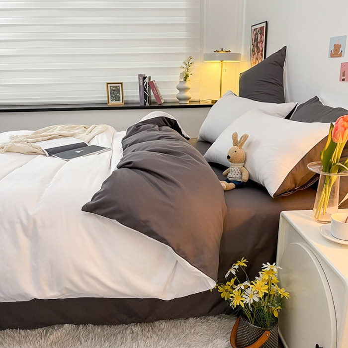 91家纺网 家纺一手货源 找家纺 维娜斯 2022新款纯色柔感系列四件套 本白+灰色