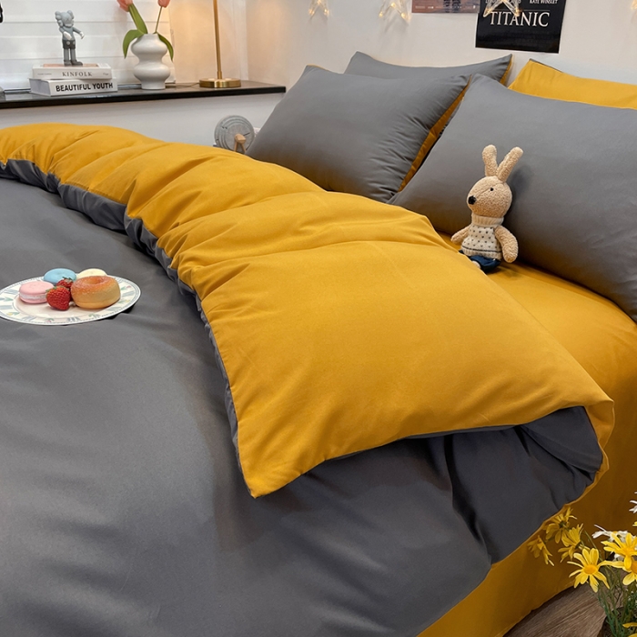 91家纺网 家纺一手货源 找家纺 维娜斯 2022新款纯色柔感系列四件套 灰色+姜黄