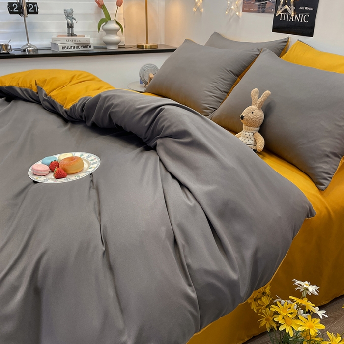 91家纺网 家纺一手货源 找家纺 维娜斯 2022新款纯色柔感系列四件套 灰色+姜黄