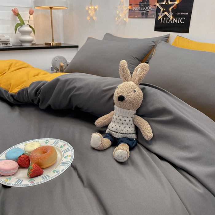 91家纺网 家纺一手货源 找家纺 维娜斯 2022新款纯色柔感系列四件套 灰色+姜黄