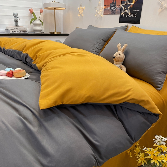 91家纺网 家纺一手货源 找家纺 维娜斯 2022新款纯色柔感系列四件套 灰色+姜黄