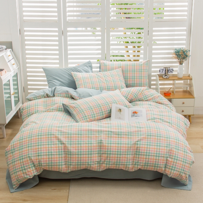 91家纺网 家纺一手货源 找家纺 柠萌家居 2022新款A类全棉色织水洗棉无印风格四件套 冰激凌绿