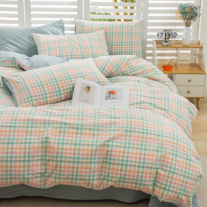 91家纺网 家纺一手货源 找家纺 柠萌家居 2022新款A类全棉色织水洗棉无印风格四件套 冰激凌绿