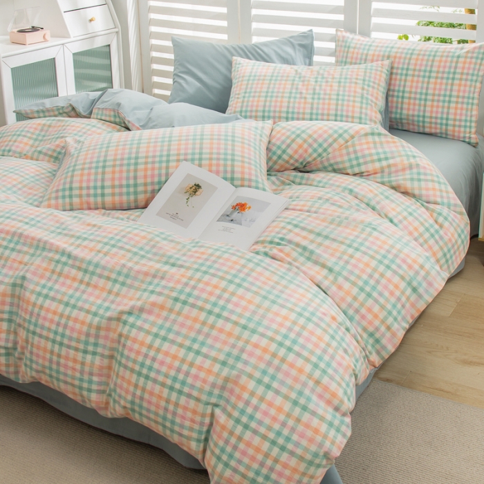 91家纺网 家纺一手货源 找家纺 柠萌家居 2022新款A类全棉色织水洗棉无印风格四件套 冰激凌绿