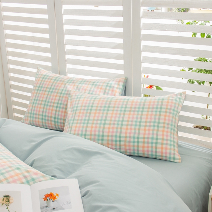 91家纺网 家纺一手货源 找家纺 柠萌家居 2022新款A类全棉色织水洗棉无印风格四件套 冰激凌绿