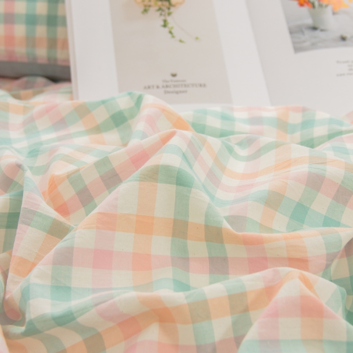 91家纺网 家纺一手货源 找家纺 柠萌家居 2022新款A类全棉色织水洗棉无印风格四件套 冰激凌绿