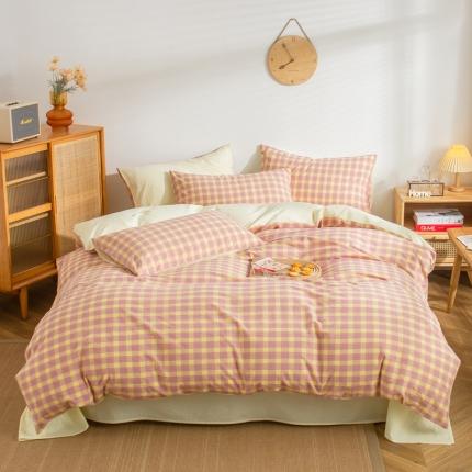 柠萌家居 2022新A类全棉色织水洗棉无印风格四件套 简格粉